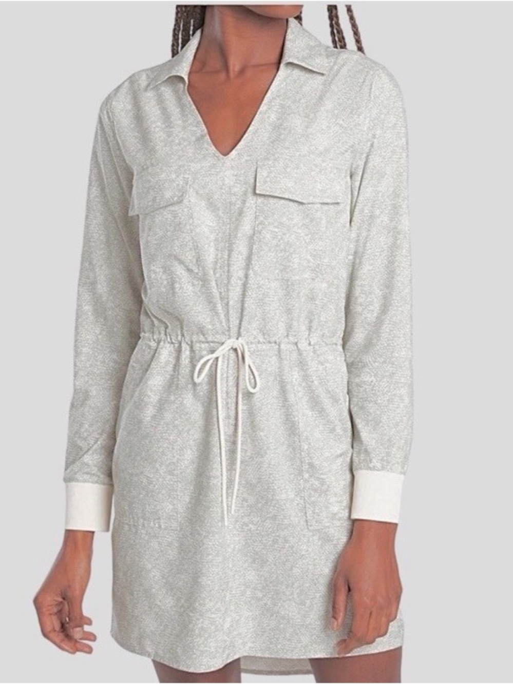Athleta cream and muted green Zumba’s printed shirt dress